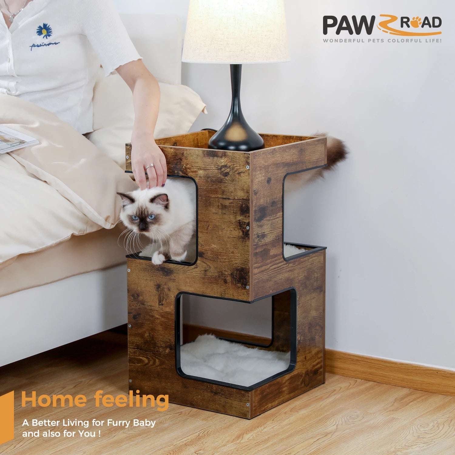 Wood Cat Condo House Bed with Removable Soft Mats Modern Cat Tree Tower with Scratching Pad Cat Scratcher Furniture Kitten Toys - Play Paws Toys