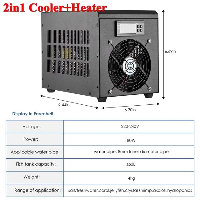 180W Aquarium Water Chiller 60L Fish Tank Cooler Heater System 10-40℃ Constant Temperature Device Sustainable Refrigeration