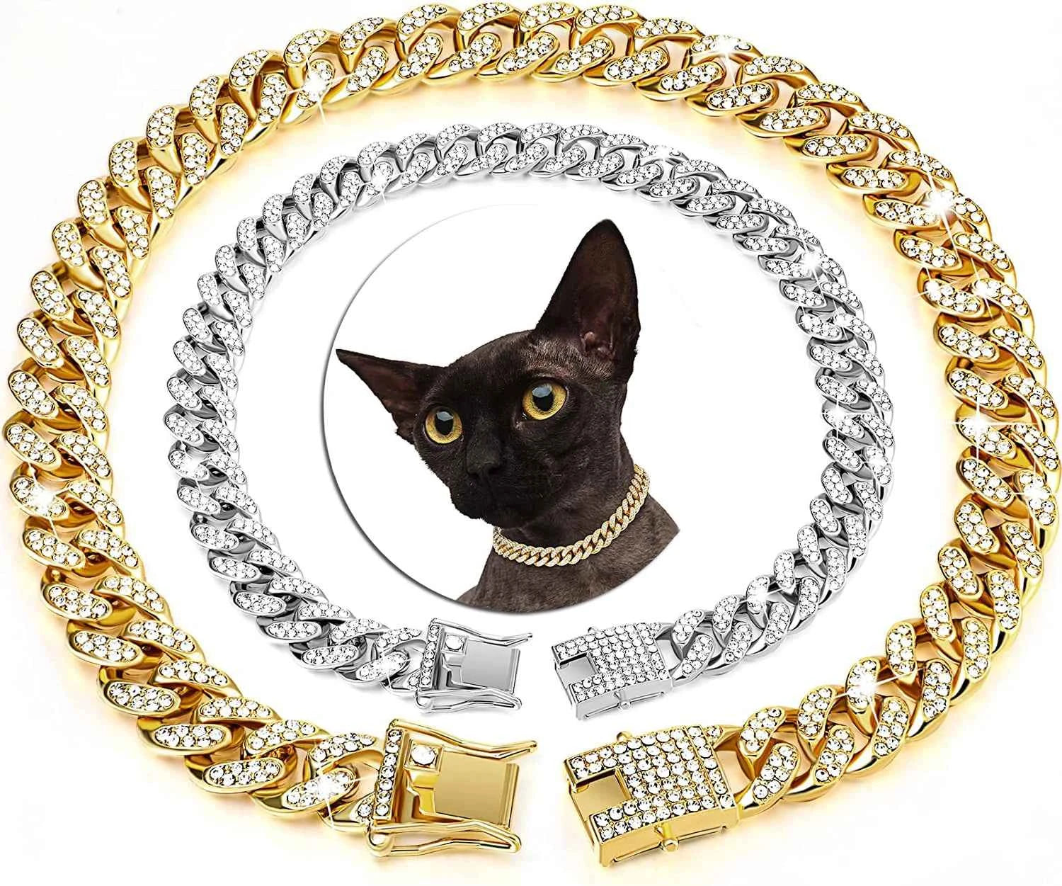 Luxury Cuban Link Cat Necklace Jewelry Rhinestone Collar Cat Gold Chain Kitten Wedding Prom Costume Accessories for Cats Puppy