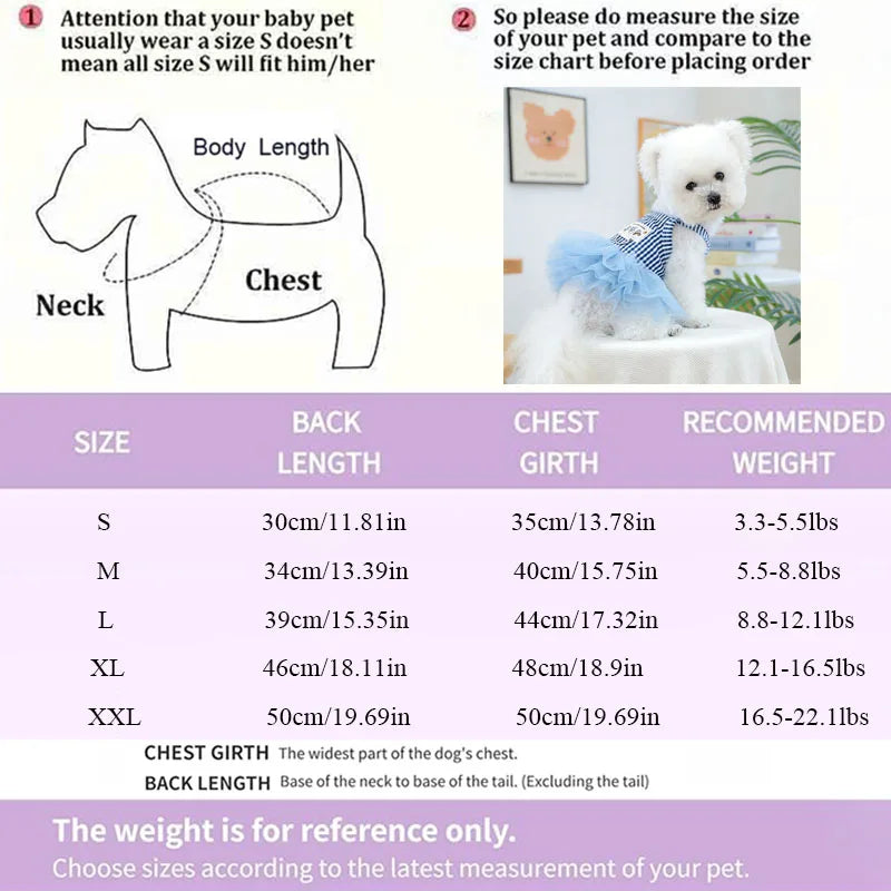Blue Striped Dog Princess Dress, Summer Breathable Pet Tulle Skirt for Small Dogs Girls, Cute Puppy Clothes for Bichon Chihuahua