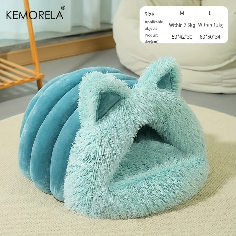 Enclosed Pet Bed Winter Warm Plush Hooded Cat Bed House with Cute Ears Indoor Nest Cave Comfort Kittens Hideaway for Small Dog - Play Paws Toys