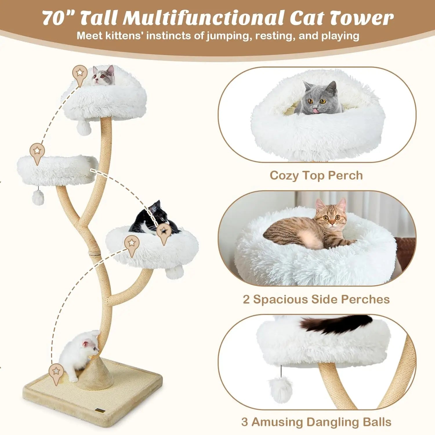 70" Tall Multi-Level Cat Tree Tower Scratching Posts Board 3 Perches Dangling Balls Indoor Large Cats 20 lbs+, Custom