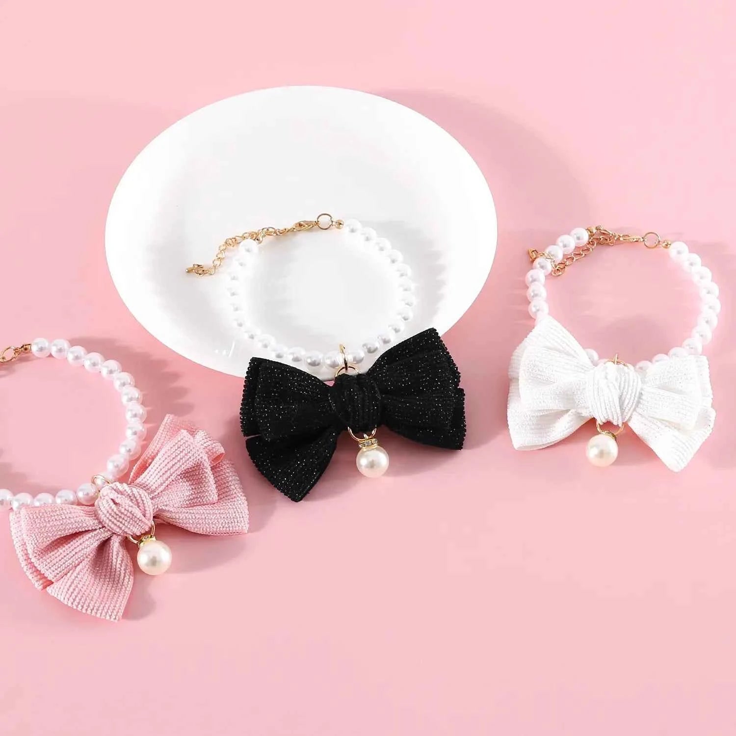 Pet Pearl Diamond Bow Necklace Princess Style Bow Tie Pendant Birthday Cat Puppy Collar
