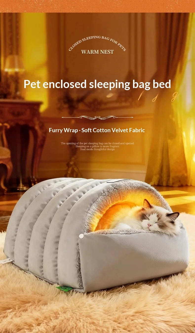 Semi-Enclosed Cat Bed Winter Warm Cat Cave Bed Washable Cat House Non-Slip Warm Waterproof Bottom for Indoor Cats Anti-Anxiety