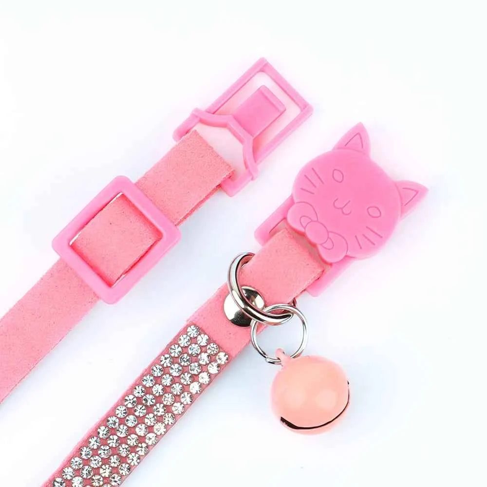 Soft Pink Suede Leather Cat Collar - Cute Bling Rhinestone Design, with Bell & Safety Breakaway Buckle, Adjustable XS/S Sizes