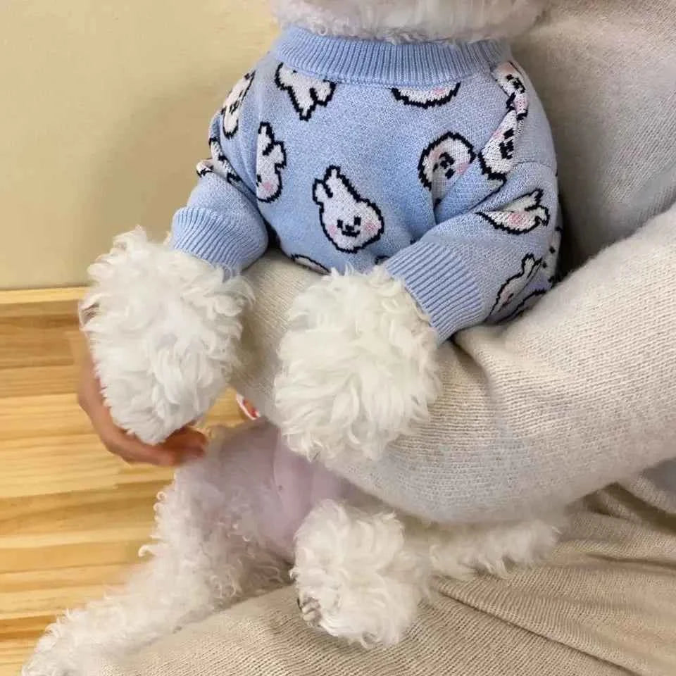 Blue Rabbit Dog Clothes Pet knitted Sweater Autumn and Winter Clothes Teddy Cat Bottoming Shirt Puppy Warm Pullover XS-XL