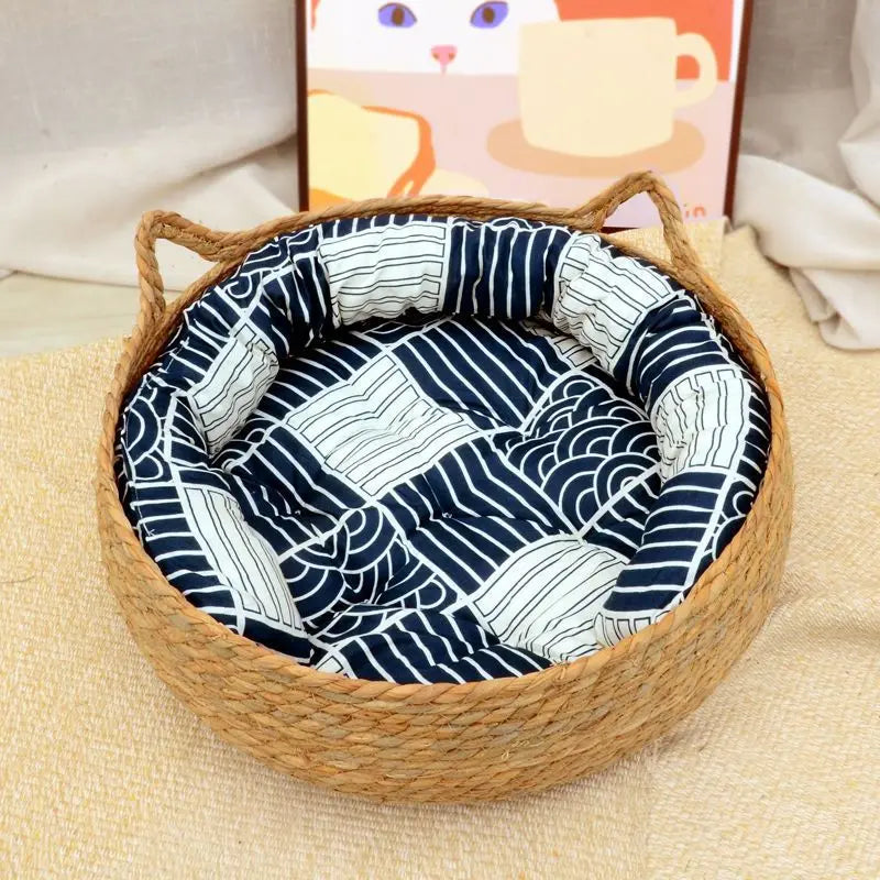 OUZEY Rattan Weaving Cat Basket Pet Cat Bed With Cushion Soft Warm Puppy Kitten Bed Donut Round Comfortable Sleeping Cat House - Play Paws Toys