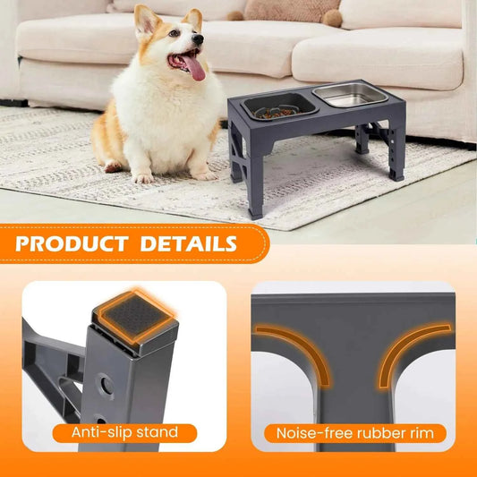 2-in-1 Elevated Slow Feeder Dog Bowls, Non-Slip Stainless Steel/Plastic/ Pet Food & Water Bowls with Foldable Stand
