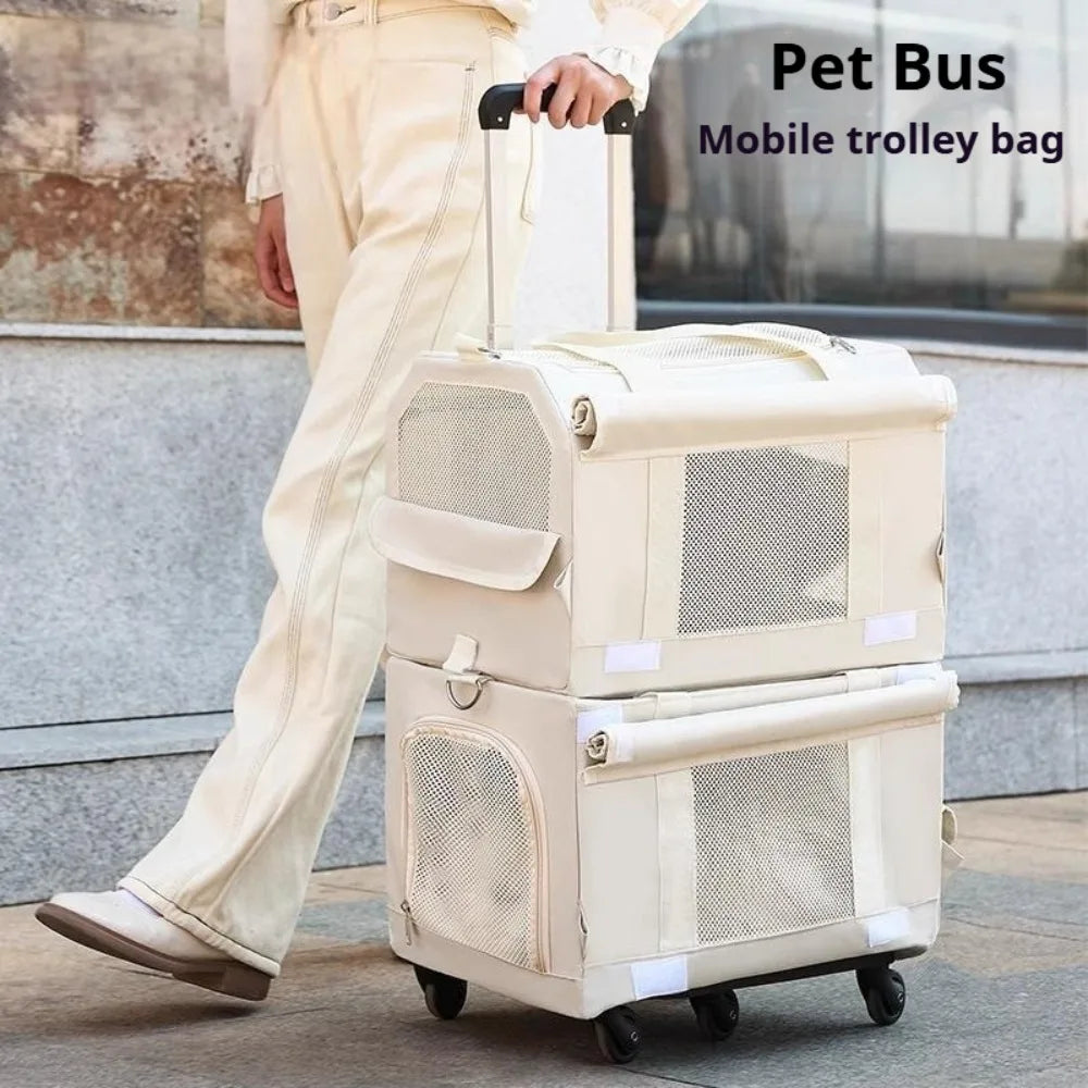 Double Layer Breathable Pet Carrier with Wheels Foldable Outdoor Travel Cat Trolley Case for Two Cats Portable Pet Trolley bag - Play Paws Toys