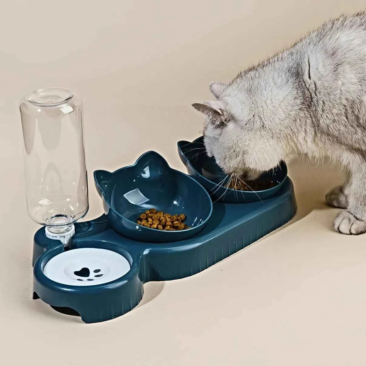 Pet Bowls With Water Feeder, 3 In 1 Ear Design Tilted Cat Water And Food Bowl Set With Gravity Water Bottle For Neck Protection