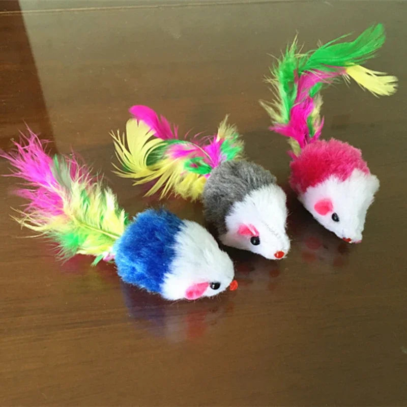 1PC Cat Interactive Cute Soft Wool Fake Mouse Colorful Feathers Fun Play Training Cat Kitten Pet Supplies