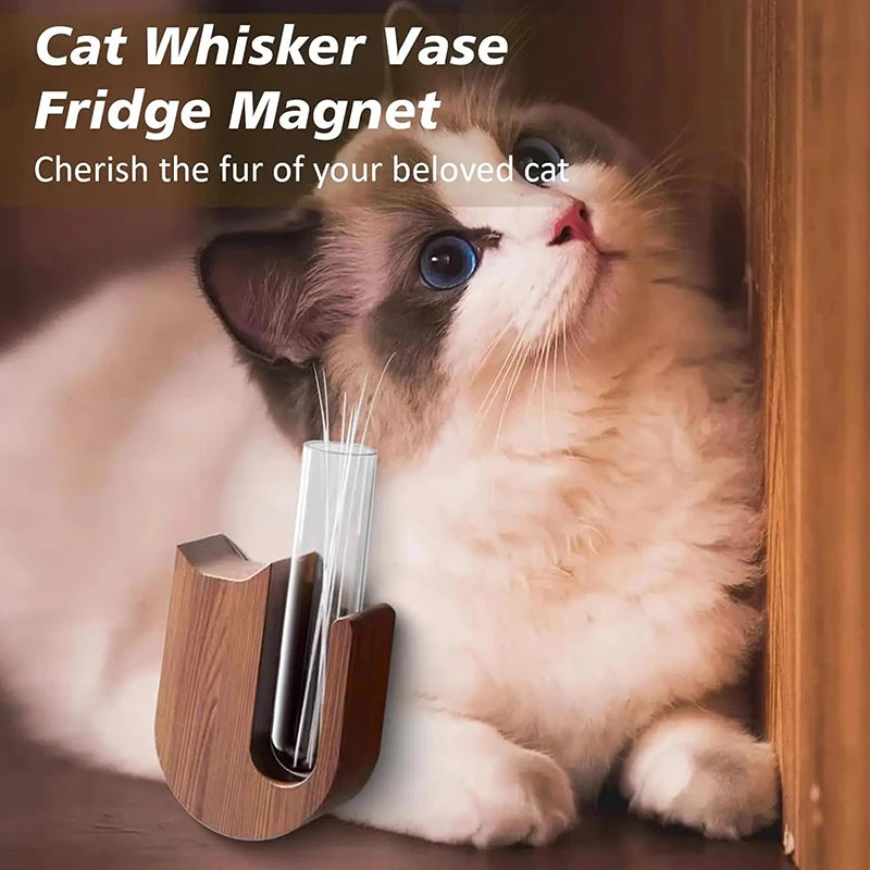 1pc Cat Whisker Vase Pet Whisker Vase Fridge Magnet Wooden And Glass Pet Hair Beard Collector Pets Souvenir Gift Home Decor - Play Paws Toys