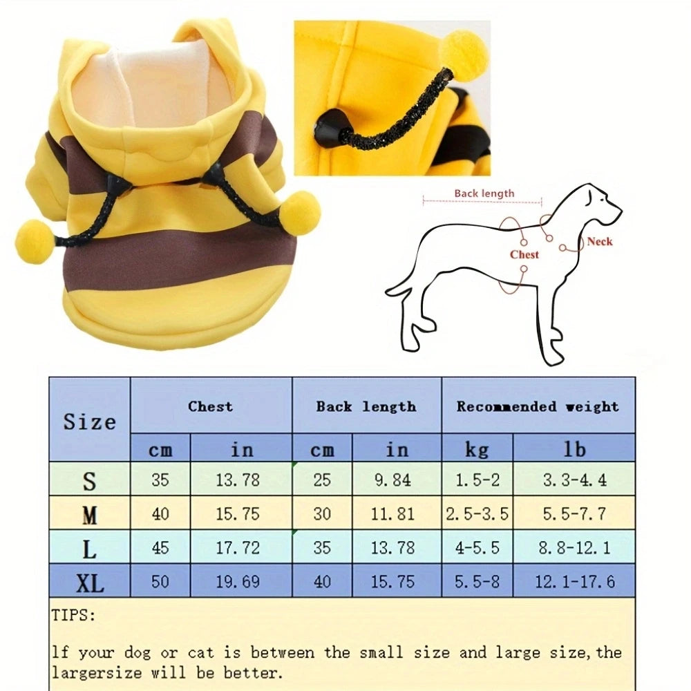 Cute Bee Costume Dog Cat Hoodie - thickened Pet Sweater Warm Outfit for Halloween Cosplay & Daily Wear