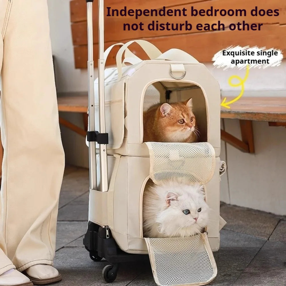 Double Layer Breathable Pet Carrier with Wheels Foldable Outdoor Travel Cat Trolley Case for Two Cats Portable Pet Trolley bag - Play Paws Toys