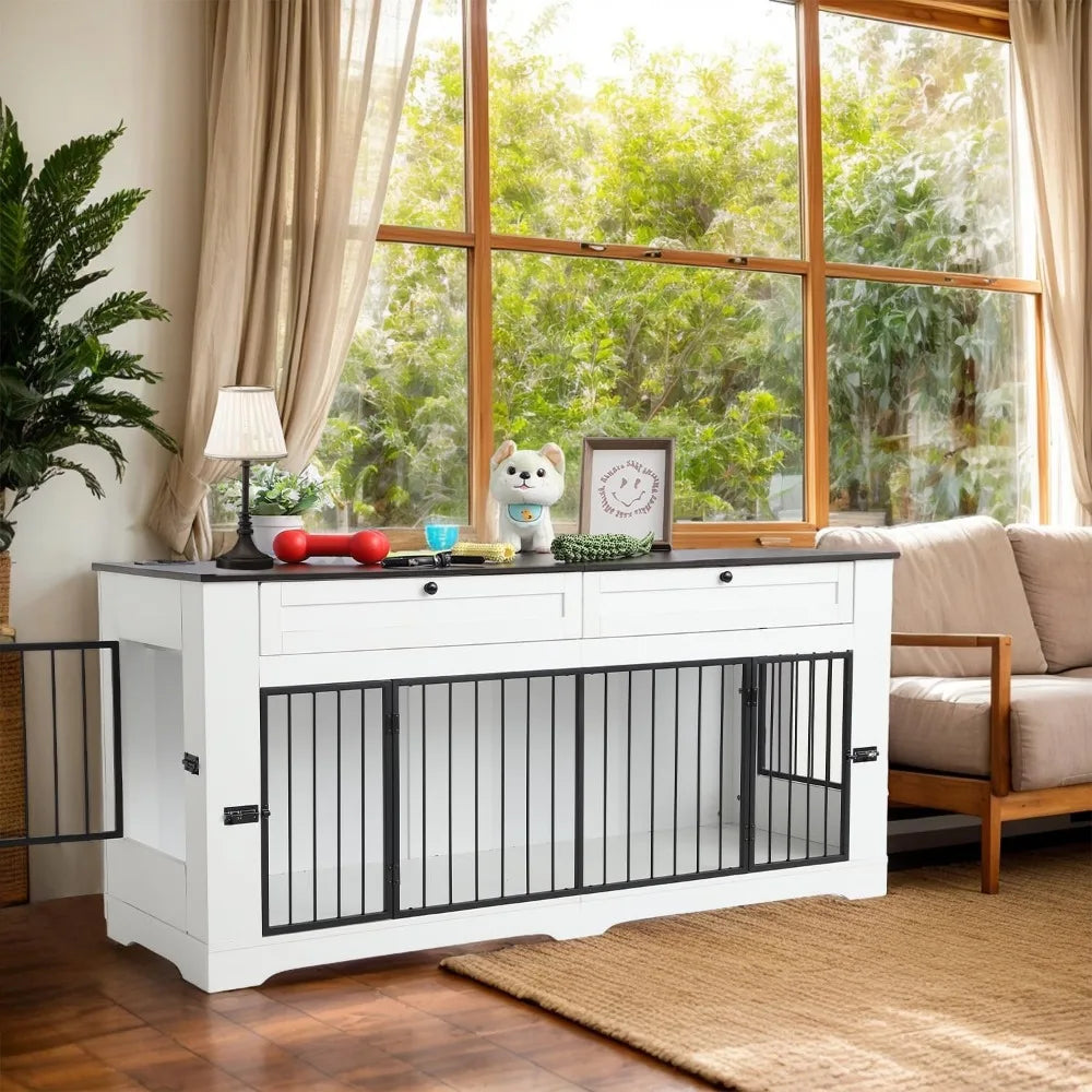Large Dog Crate Furniture-Decorative Heavy Duty Dog Cage Indoor, Wooden Dog Cage End Table with Charging Station