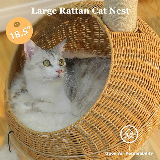 Dinosaur Cat Tree Tower with Sisal Scratching Post Large Rattan Cat Condo for Indoor Wicker Cat Bed with Removable Mat Cat Toys