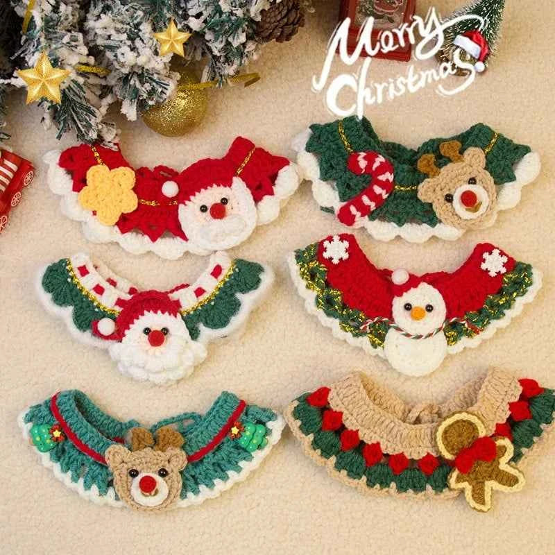Christmas Cat Scarf Hand-knitted Cartoon Cat Necklace Adjustable Santa Claus Reindeer Puppy Collar Delicate Pet Accessories
