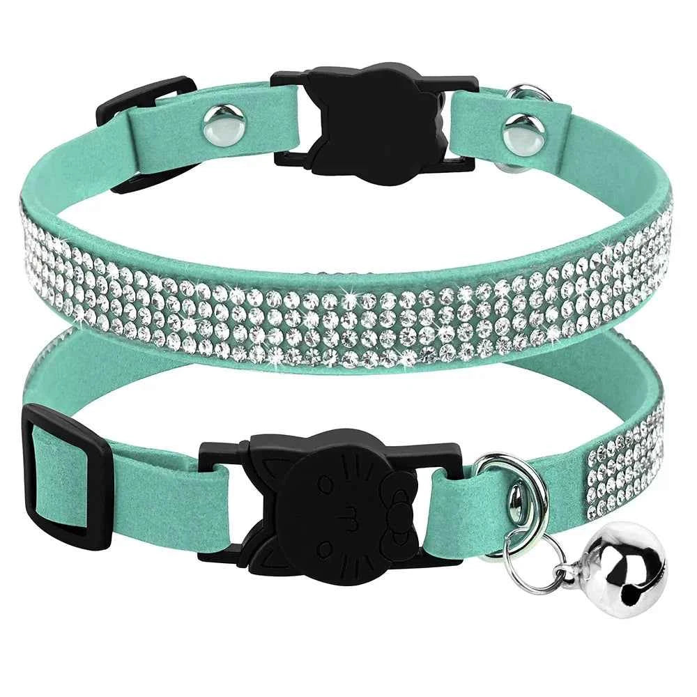 Soft Pink Suede Leather Cat Collar - Cute Bling Rhinestone Design, with Bell & Safety Breakaway Buckle, Adjustable XS/S Sizes