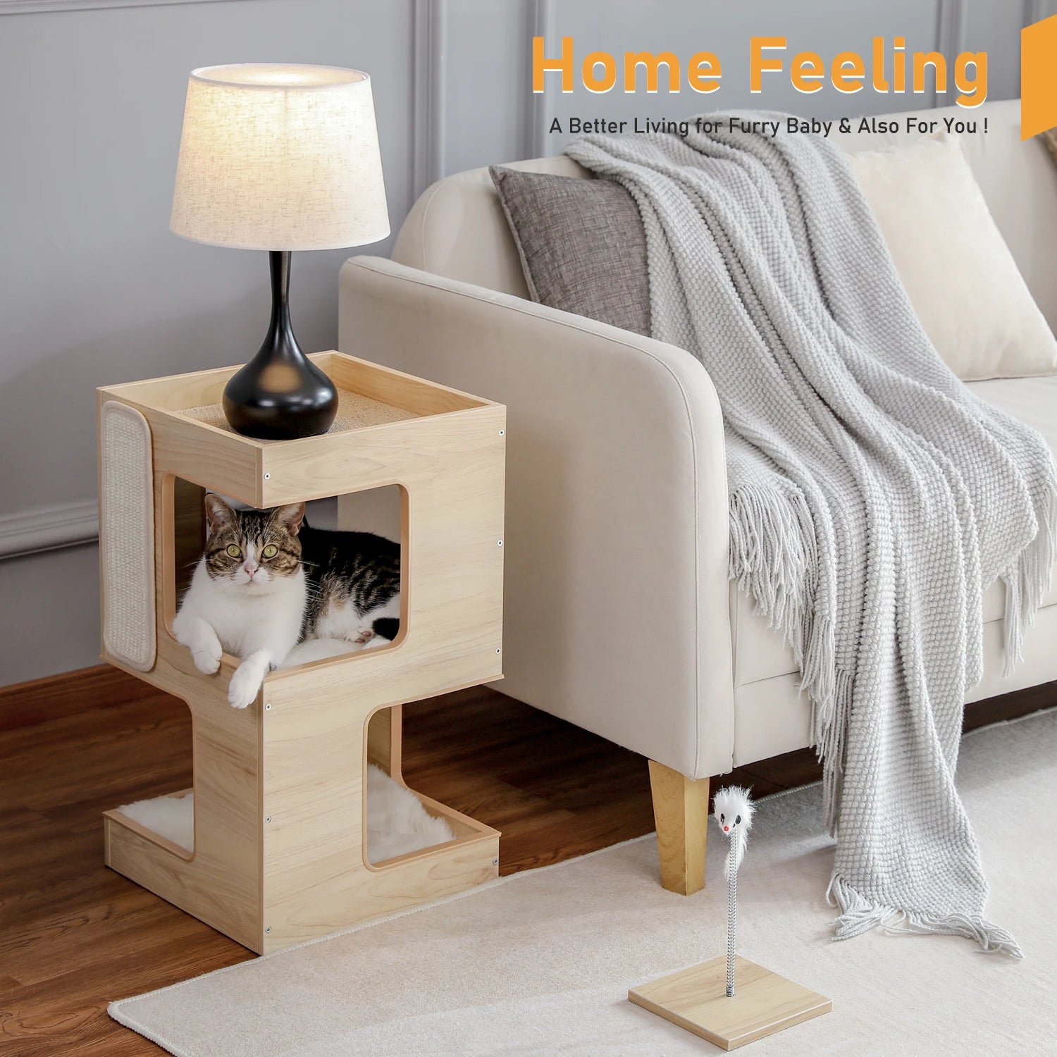 Wood Cat Condo House Bed with Removable Soft Mats Modern Cat Tree Tower with Scratching Pad Cat Scratcher Furniture Kitten Toys - Play Paws Toys