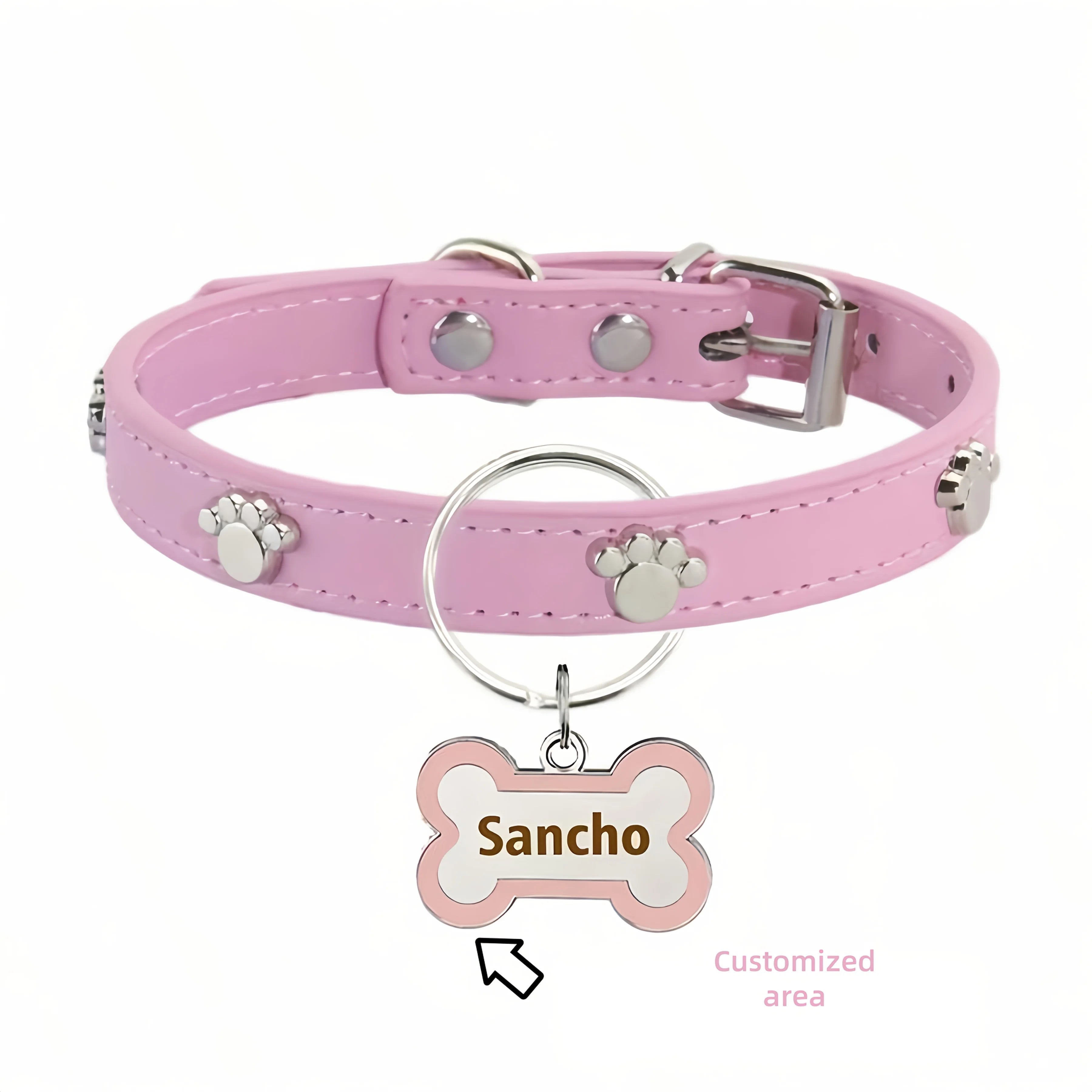 Customized Leather Dog Collar With Bone-Shaped Pet Tag, Double-Sided Engraved Pet Name And Phone, Metal Decoration Anti-Lost Foo