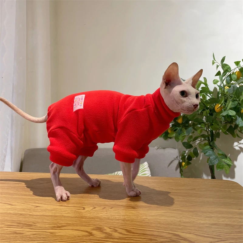 Fleece Coat for Sphynx Cat Warm Sweatshirt 4-legged Jumpsuit for Kittens Dogs soft Loungewear for Male Cat Devon Rex Sweater - Play Paws Toys