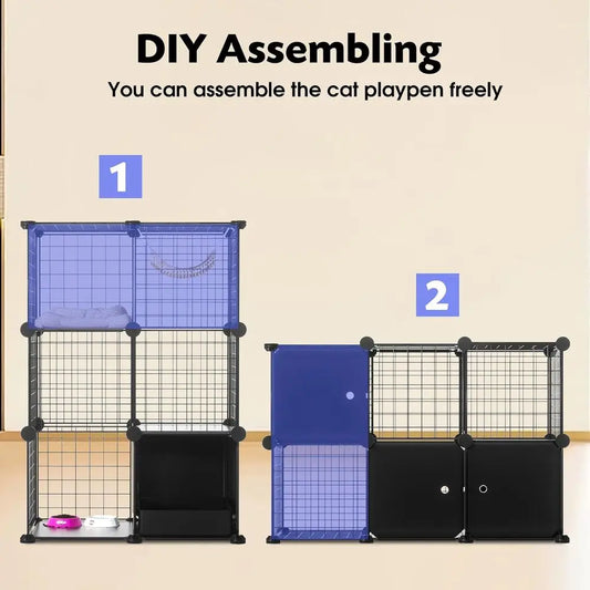 Cat Enclosure Indoor with Litter Box, 3-Tier Metal Wire Cat Cage, DIY Detachable Design for Cats, Kittens & Small Animals, Multi - Play Paws Toys
