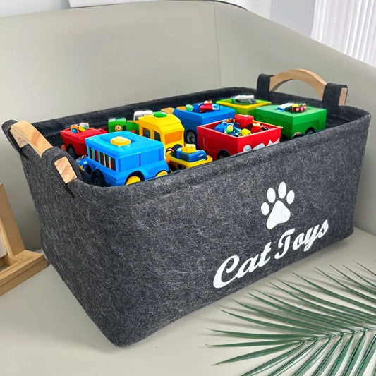Stylish Felt Pet Toy Storage Basket - Durable Organizer for Cat & Dog Toys, Dirty Clothes, and Cleaning Supplies - Letter Print - Play Paws Toys