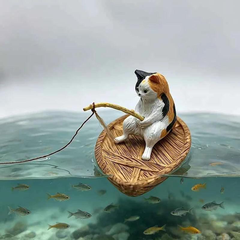Creative Cat Fishing Boat Aquarium Ornament High Quality Resin Durable Fish Tank Decor Marine Theme