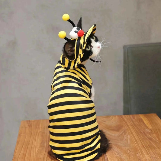 2Pcs Bee Themed Cat Outfit Set, Striped T-Shirt + Sun Hat, Cute Pet Costume for Halloween & Photo Props, Breathable Outfit for S