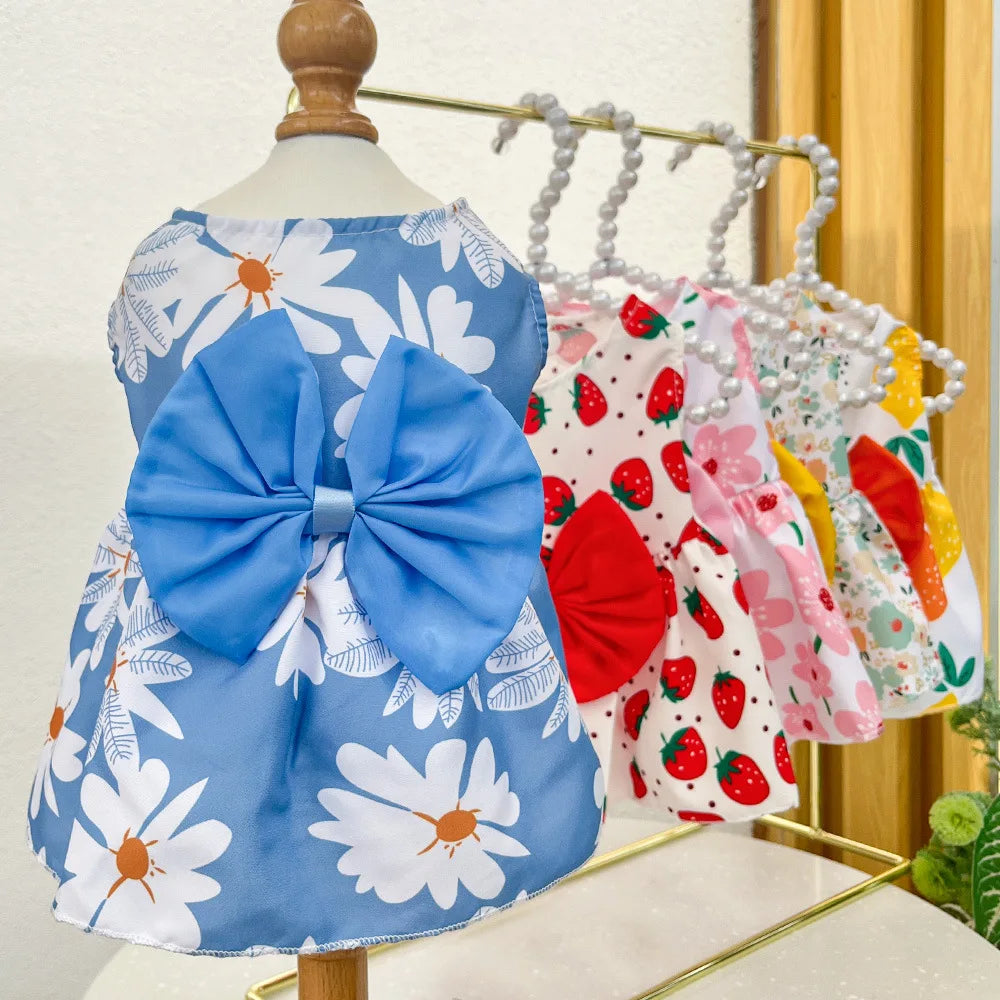 Dog Princess Dress Summer Kitten Pet Skirt Cute Printed Bow Lace Dog Dresses for Small Medium Puppies Poodle Chihuahua Apparel