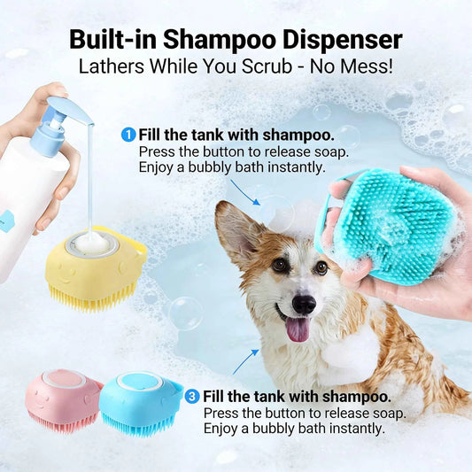 Pet Bath & Massage Brush 2-in-1 Silicone Dog Cat Grooming Tool with Shampoo Dispenser for Bathing Washing Sensitive Skin Puppies and Kittens