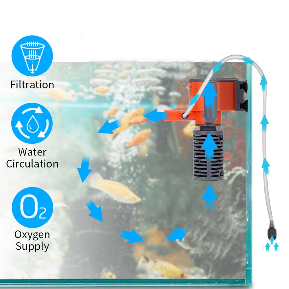 3-in-1 Fish Tank Filter Aquarium Submersible Water Pump AC220-240V Mini Filter Oxygen Air Pump for Small Aquarium Fish Tank