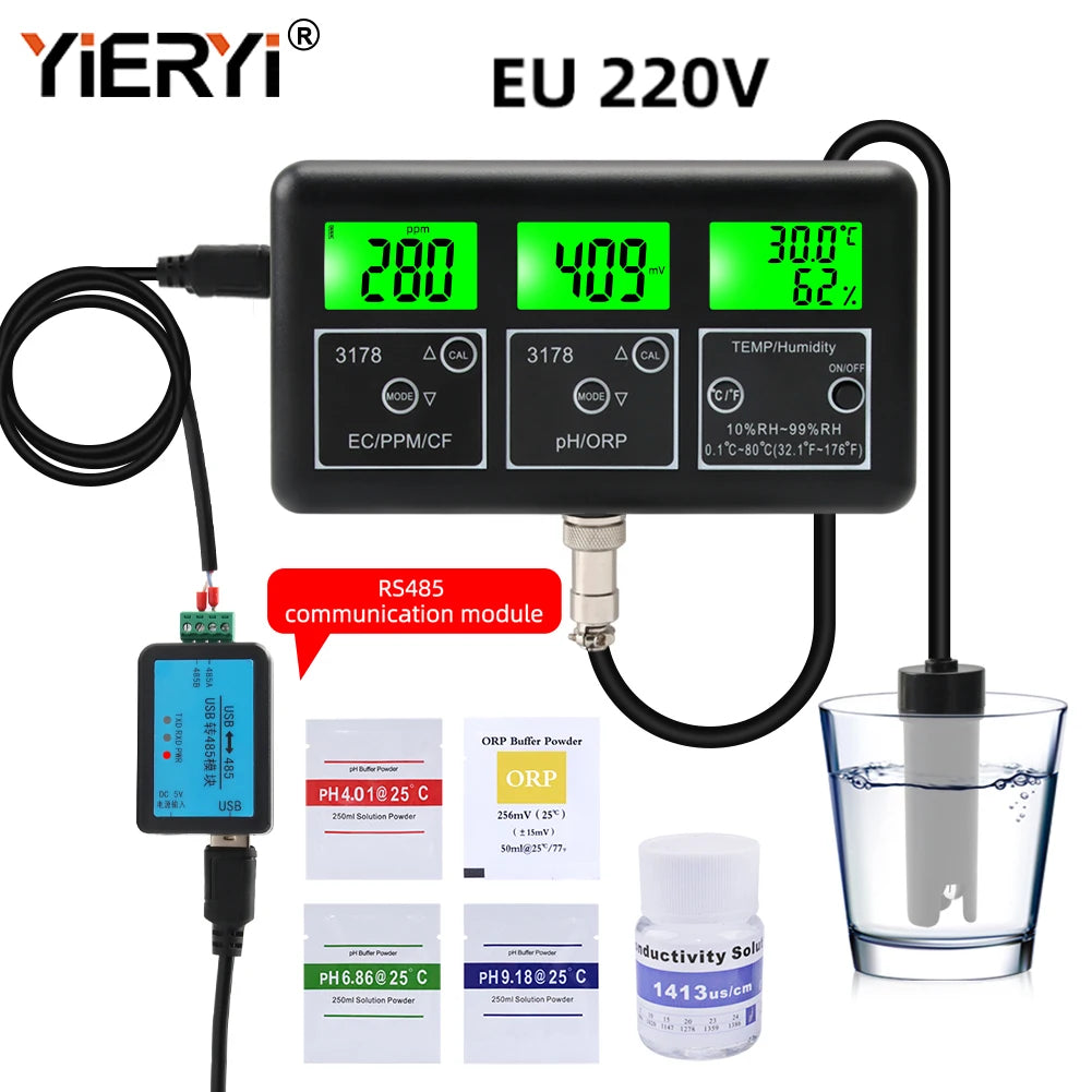 RS485 Communication Multi-function Water Quality Tester Monitor PH ORP TDS EC CF Теmp Humidity Meter Aquarium Online Analyzer