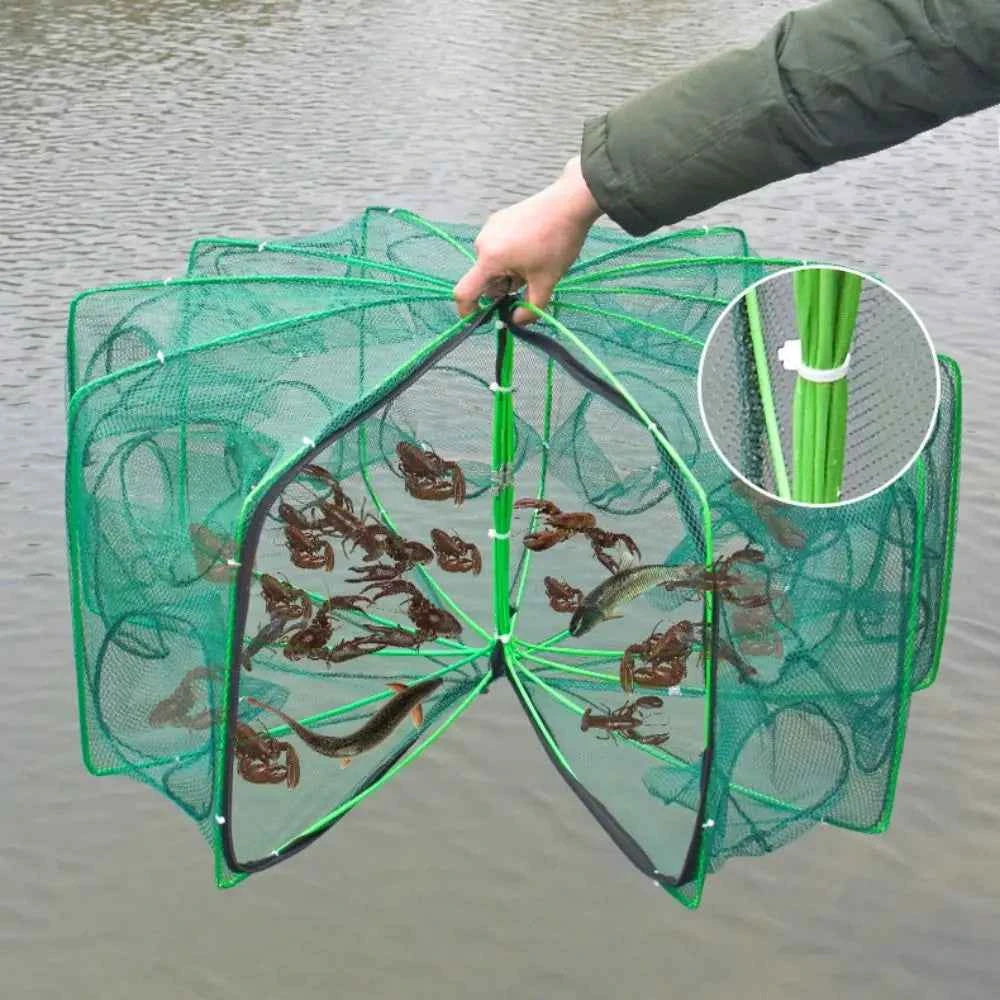 Durable Foldable 6/8/10 Holes Fishing Net Green Hand Fishing Net Nylon 40~82cm Crayfish Shrimp Catcher