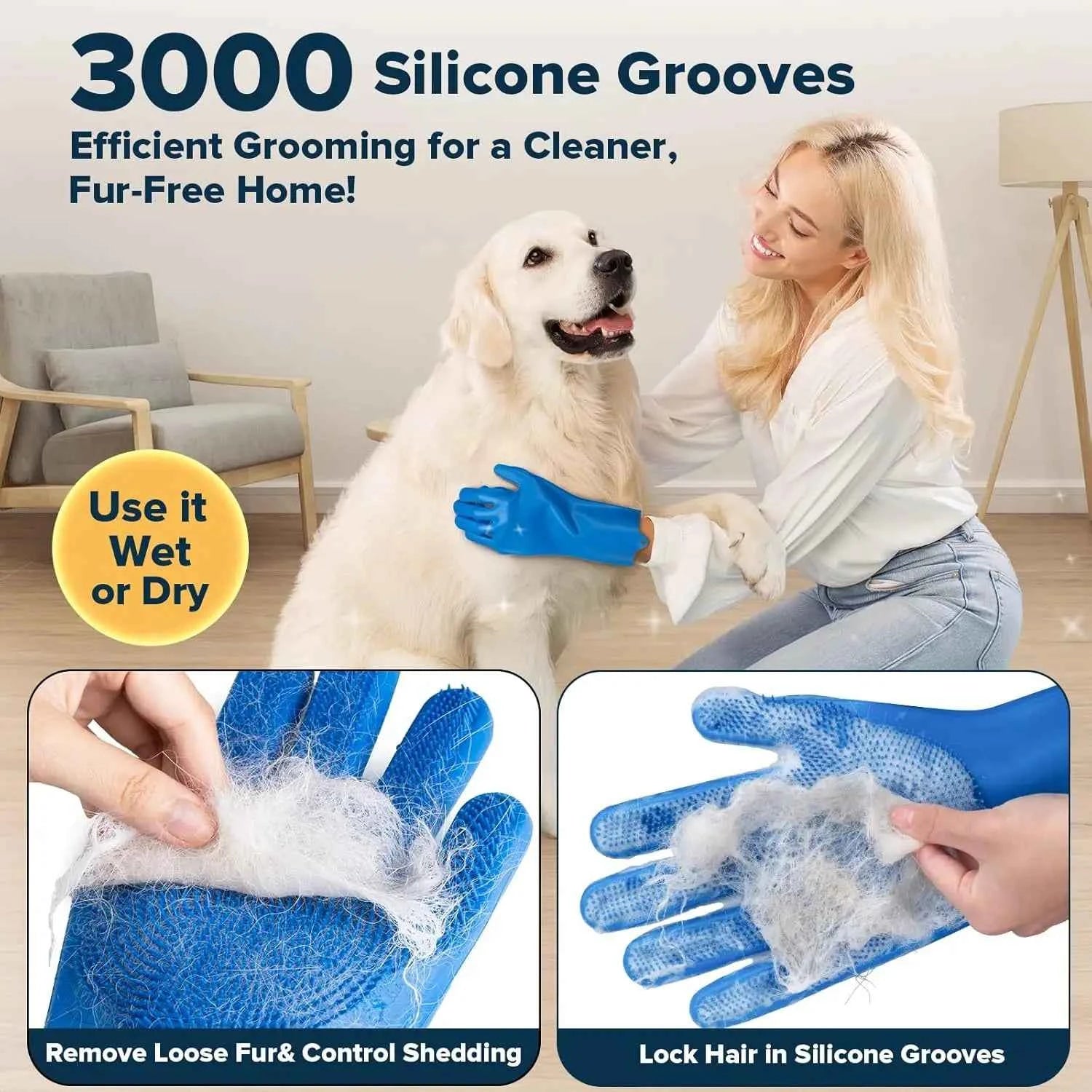 6PCS Pet Grooming Kit: Gloves, Bath Brush & Finger Toothbrush for Dogs Cats Horses (Navy Blue)
