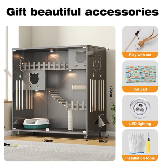 Customizable Luxury Wooden Cat Villa Big Pet Play Cage House for 2 Cats for Indoors Living Room - Play Paws Toys
