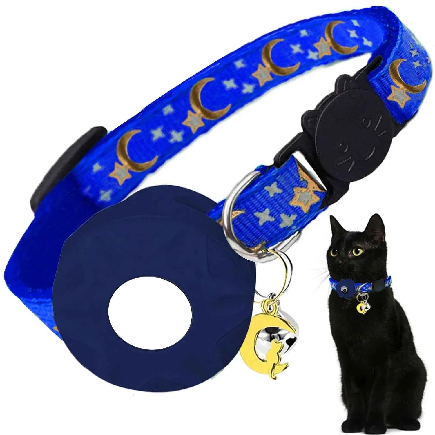 Apple Tag Pet Collar with AirTag Holder & Moon Ornament for Kitten Collar Girl Boy Cats, Small Dog Collar Kitten Accessories