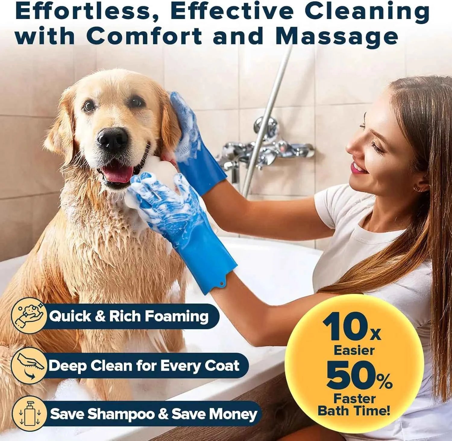6PCS Pet Grooming Kit: Gloves, Bath Brush & Finger Toothbrush for Dogs Cats Horses (Navy Blue)