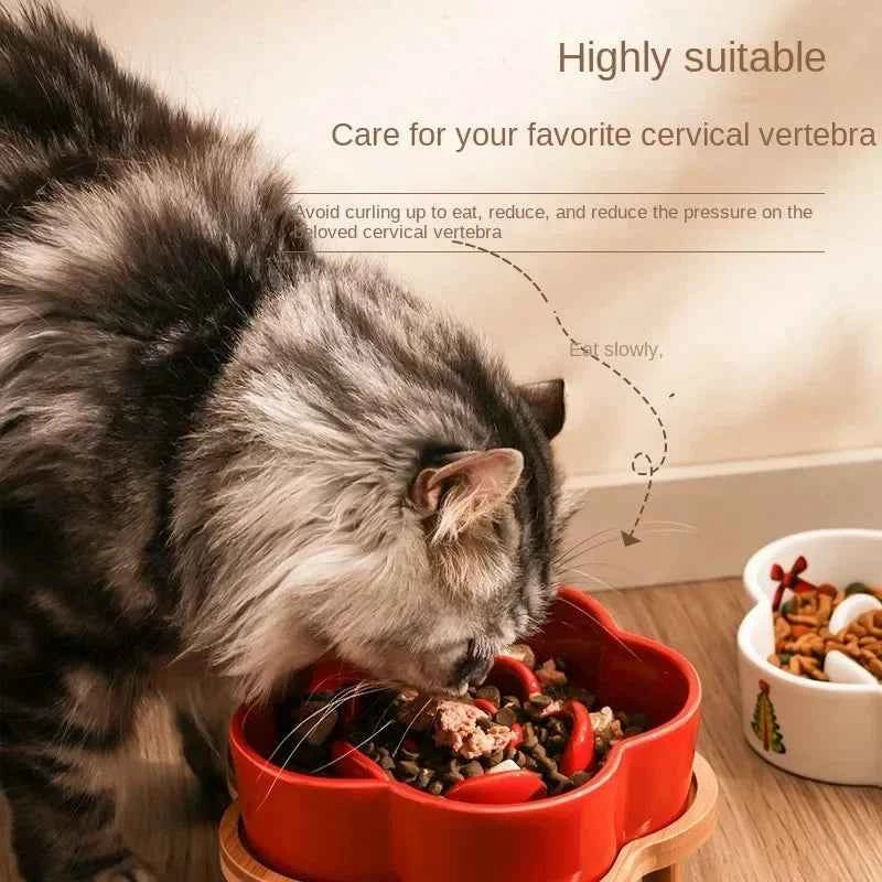 Ceramic Slow Food Bowl Anti-choking Cat Feeding Basin To Prevent Black Chin Small Dog Cat Neck Guard Wooden Frame Slow Food Bowl