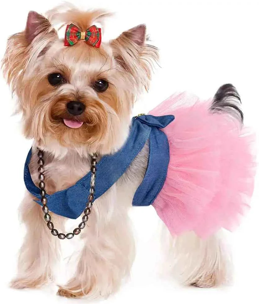 Dog Dress, Fashion Puppy Tutu Princess Dresses for Small Dogs Girl, Sweet Skirt with Dog Bowknot Clips, Spring Dog Cat Clothes