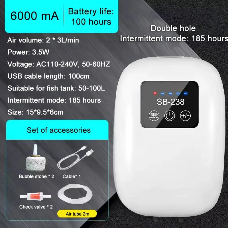 1PCS Aquarium Fish Tank Oxygen Air Pump Compressor Charging Silent USB with Battery Portable Fishing Oxygenator 6000mA Outdoor