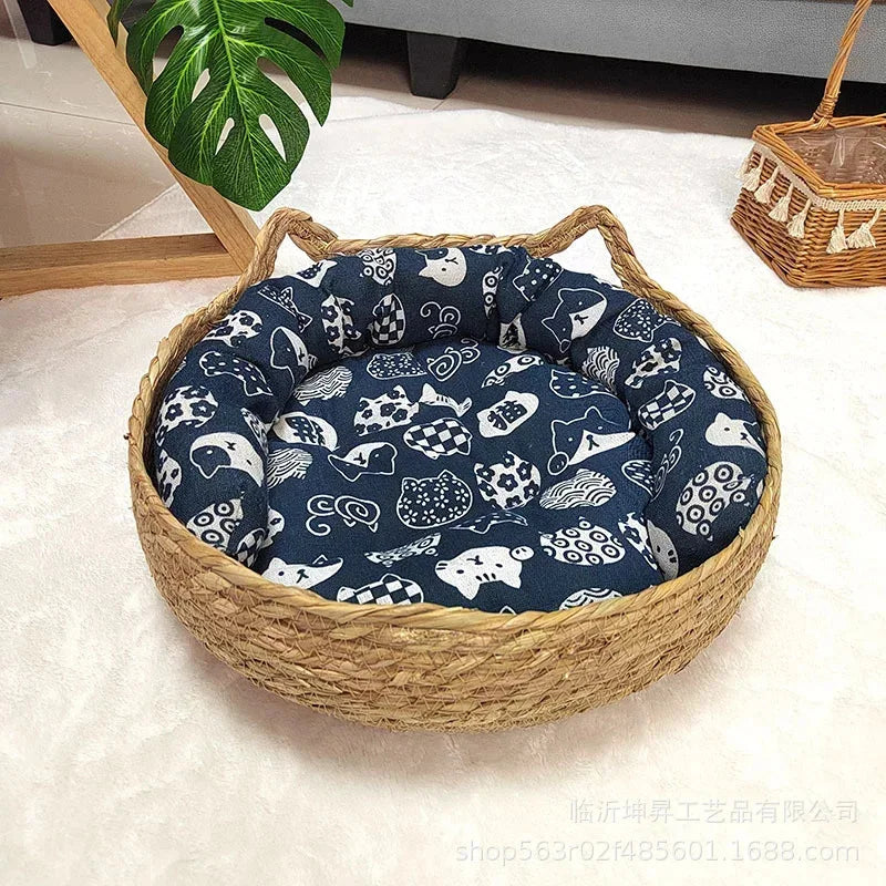 Rattan Weaving Cat Basket Bed With Soft Cushion Round Donut Design Cozy Warm Comfortable Sleeping Nest For Cats And Dogs - Play Paws Toys