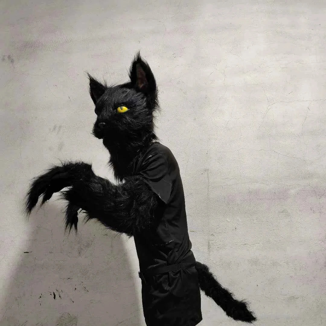Latex with Fur Black Cat Cosplay Mask Scary Helmet Animal Funny Costume Hood Hair Mask Headwear Adult Halloween Party Props