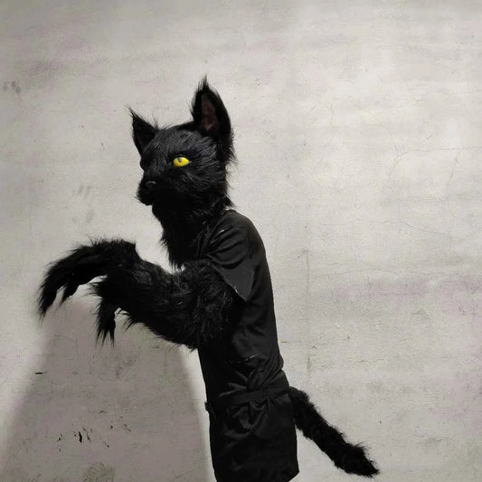 Latex with Fur Black Cat Cosplay Mask Scary Helmet Animal Funny Costume Hood Hair Mask Headwear Adult Halloween Party Props