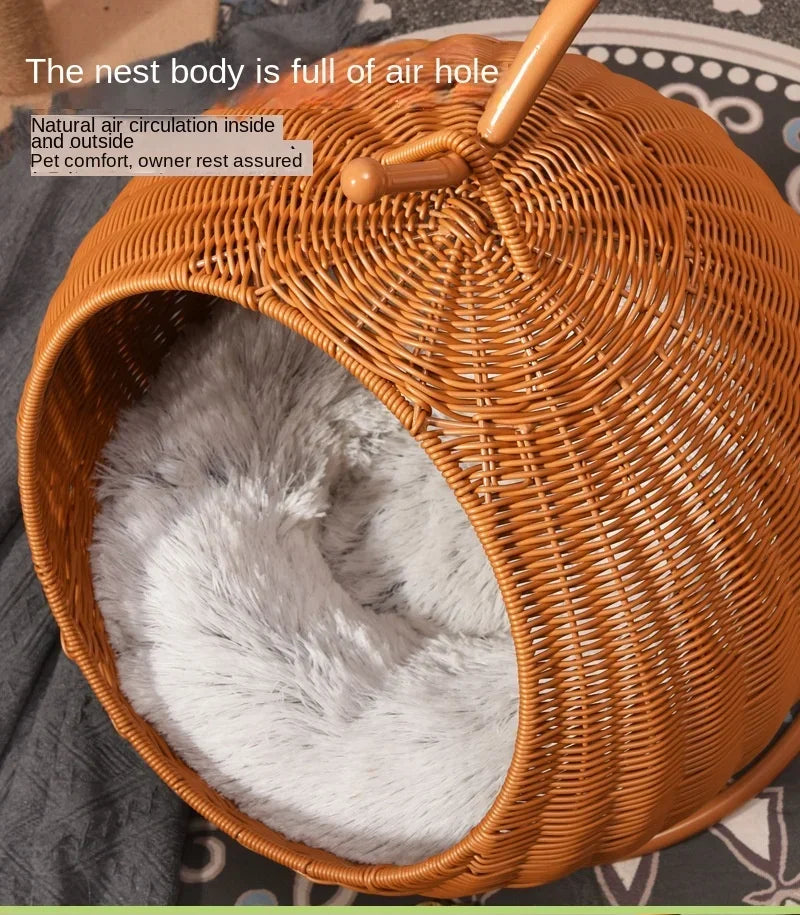 Semi-enclosed Pet Hammock Hanging Cat Nest Round Rattan Cat Cage Cat Bed with Plush Cushion Pet Cradle Bed Cat Accessories - Play Paws Toys