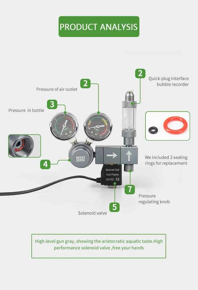 Aquarium CO2 regulator Solenoid valve Quick plug interface Bubble meter Fish tank control system CO2 pressure reducing valve