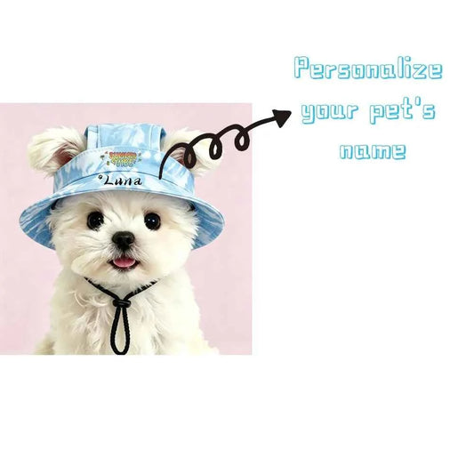 Customizable Pet Sun Hats with Name, Ear-exposed Sun Protection Hats for Dogs in Summer, Cute Bucket Hats for Small Dogs and Cats. Available in 4 colors, ideal pet accessories for outdoor photography.