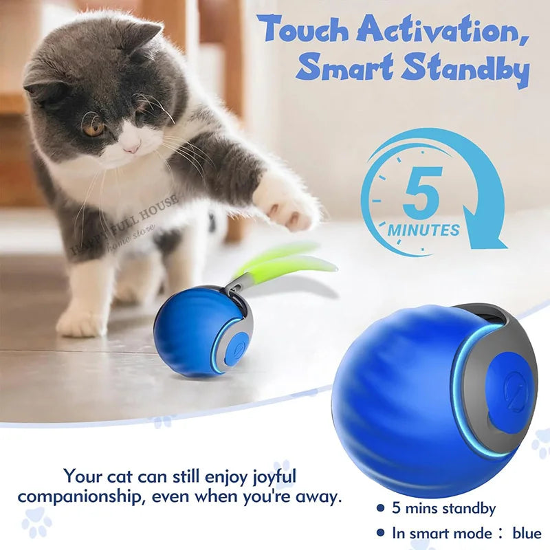 Interactive Cat Toy Balls, Automatic Toys for Cat with Replacement Tail, 2 Adjustable Modes, USB-Rechargeable Indoor Kitten Toy