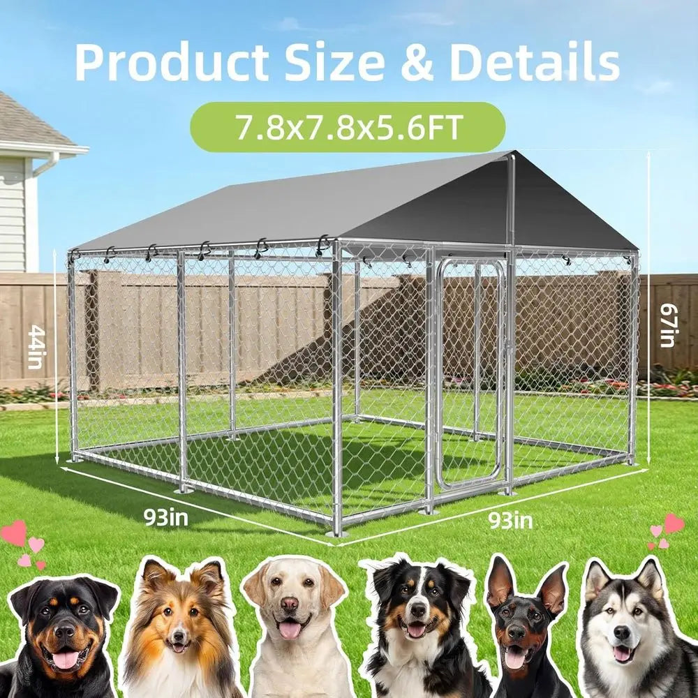 Large Outdoor Dog Kennel - Heavy Duty Enclosure with Waterproof Cover and Security Lock (93x93x63in)
