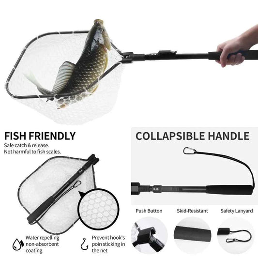 Fly Fishing Landing Net Soft Rubber Mesh Catch Release Fish Net Lightweight Portable Landing Net with Aluminum Handle Frame